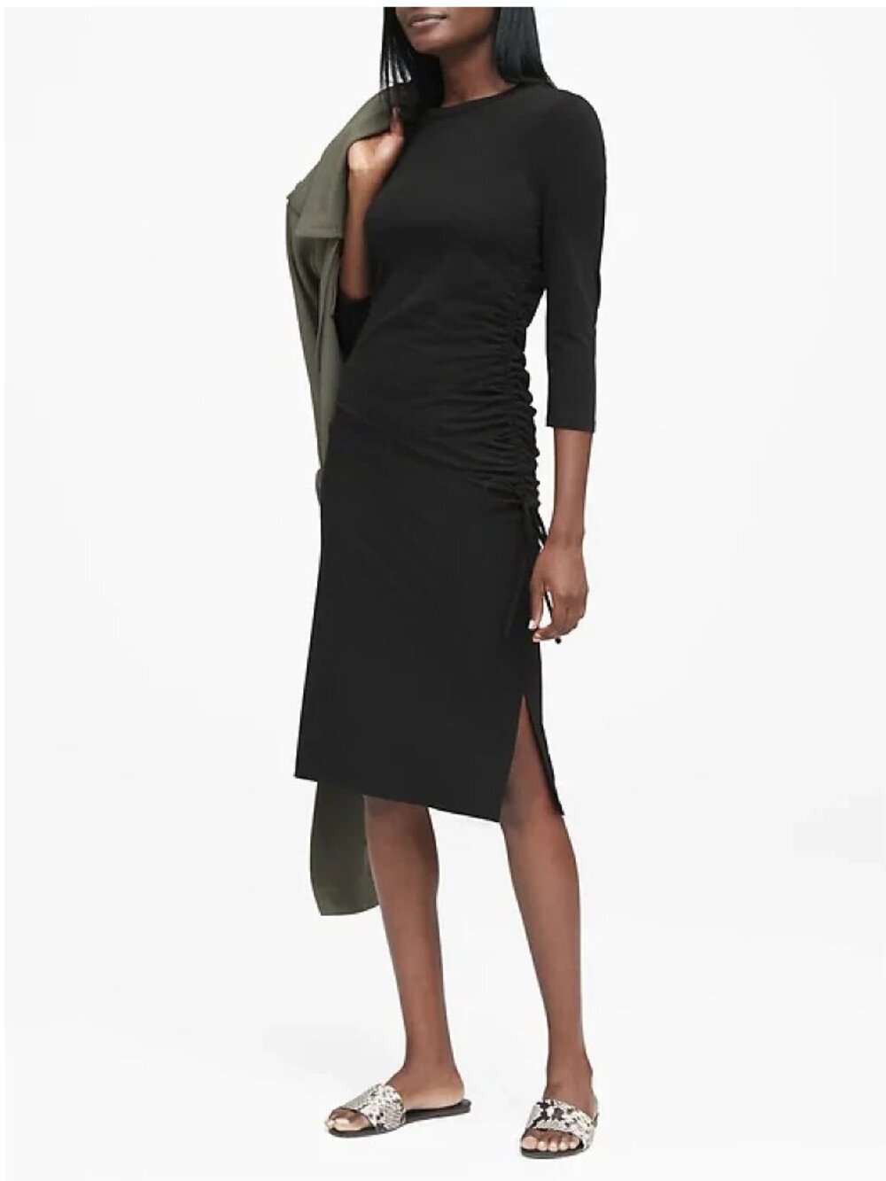 Banana Republic | Side-Ruched Cinched Midi Dress – Black 3/4 Sleeve, Size M